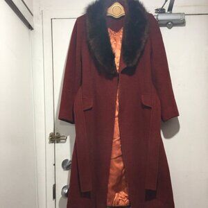 VINTAGE FUR COLLAR WOOL TIE-BELT FELTED COATS SIZE S